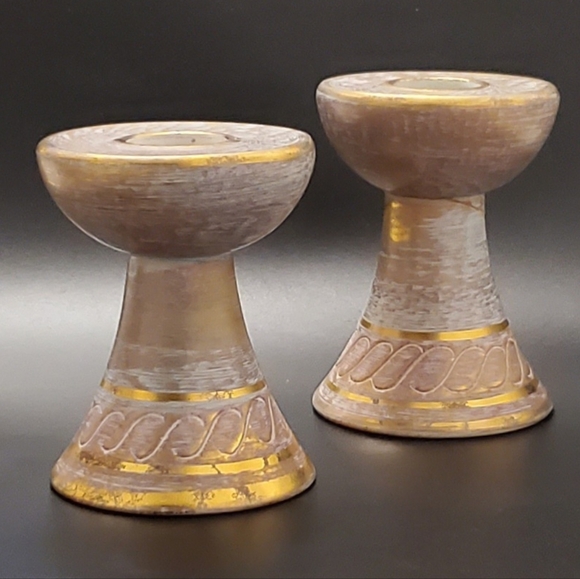 1950's Stangl Antique Gold Light Blue / Aqua Pair 4" Candlesticks 1 Repair 4064 - Picture 11 of 11